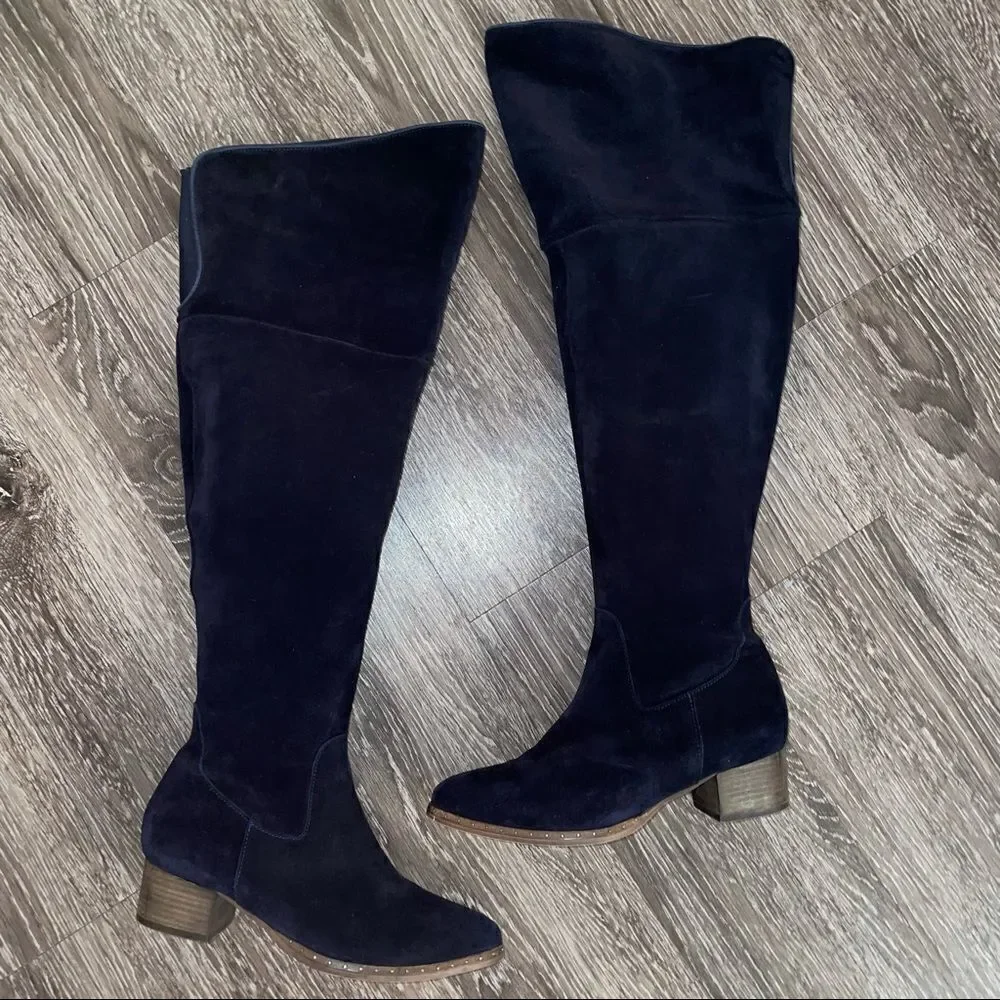 Ted & Muffy navy suede over the knee pointed toe boots